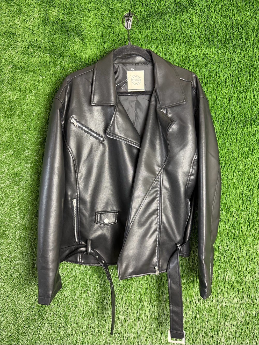 Stoosh Black Faux-Leather Bomber Varsity Jacket
